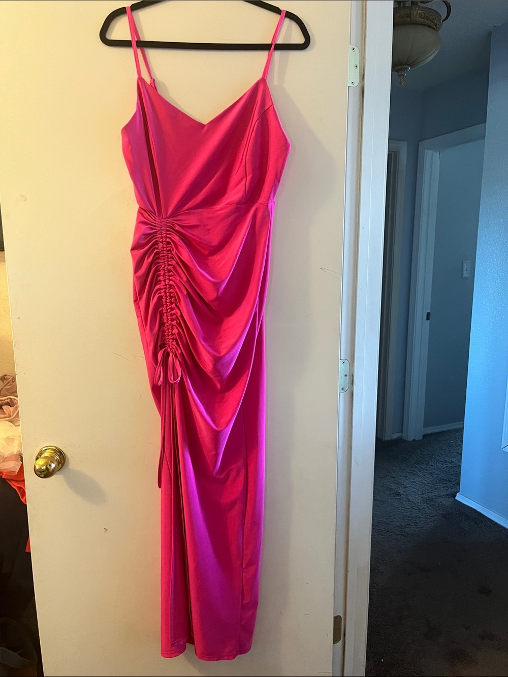 iris Hot Pink Satin Ruched Spaghetti-Strap Maxi Dress